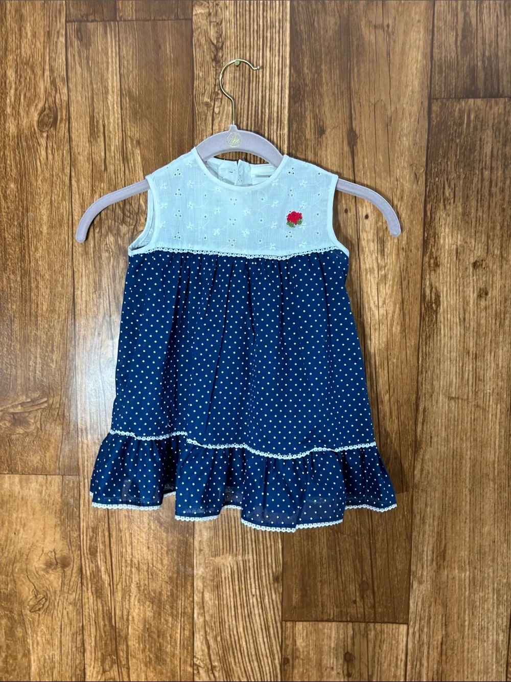 Nannette Navy Polka Dot Dress with White Eyelet Bodice